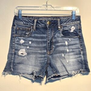 American Eagle Hi-Rise Shortie Distressed Blue Denim Shorts, Size 8, 4" Inseam
